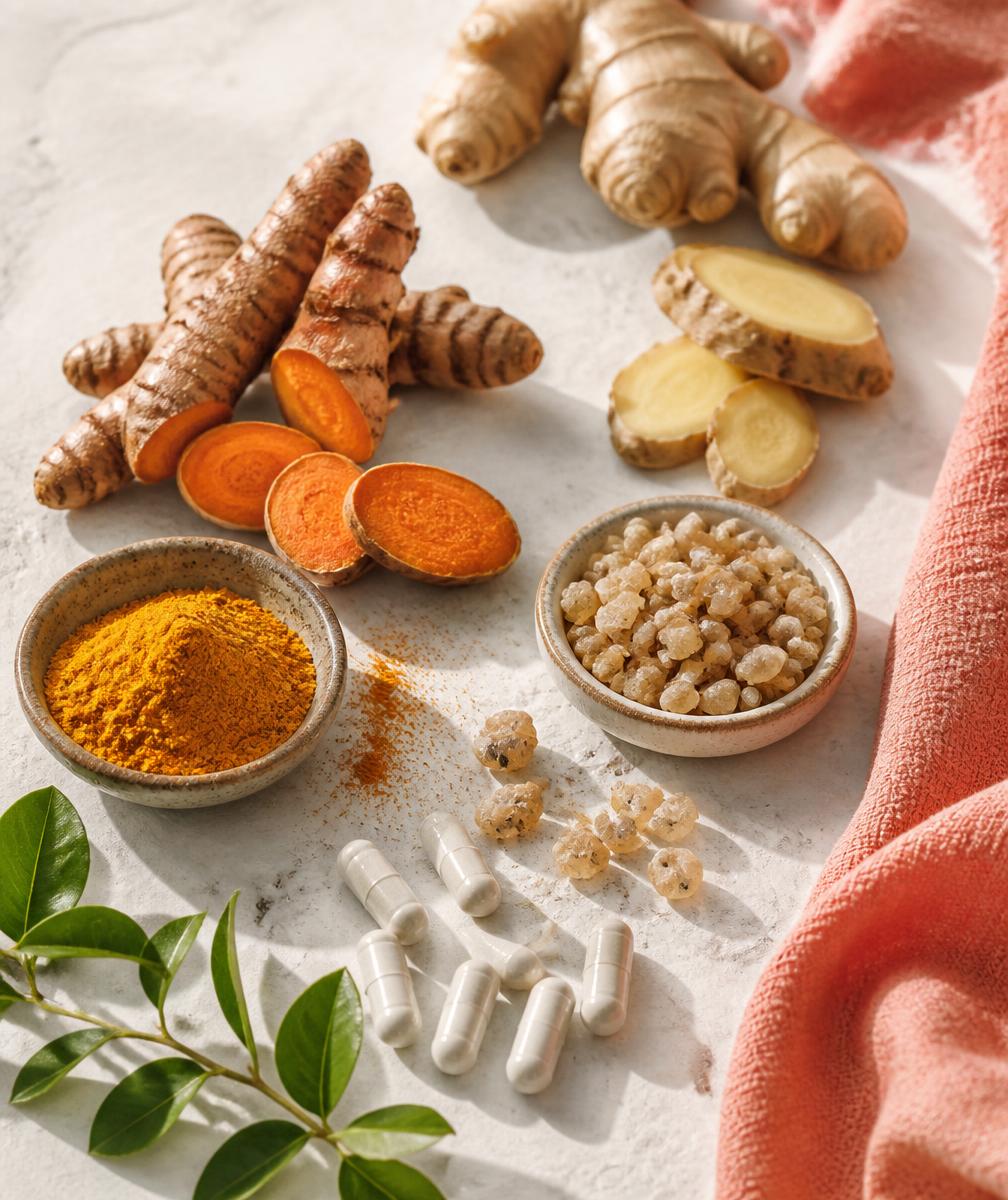 Turmeric, ginger, boswellia resin, and white capsules arranged on stone